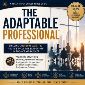 Puede incluir: Una guía de herramientas profesionales de 33 páginas titulada The Adaptable Professional. La portada presenta texto en azul oscuro y dorado, una silueta de profesionales en una reunión e iconos de liderazgo. Incluye un bono imprimible.