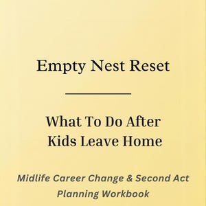 Puede incluir: Portada de libro con el título "Empty Nest Reset" en texto negro. Debajo, el texto dice "What To Do After Kids Leave Home". La portada también incluye el subtítulo "Midlife Career Change & Second Act Planning Workbook" y el nombre del autor.