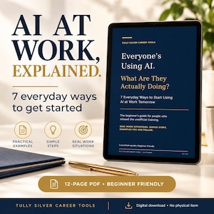 以下が含まれることがあります： デジタルタブレットには「AI AT WORK, EXPLAINED. Everyone's Using AI. What Are They Actually Doing? 7 Everyday Ways to Start Using AI at Work Tomorrow」というタイトルのガイドが表示されています。画面には12ページのPDFと初心者向けのコンテンツに関するテキストが含まれています。