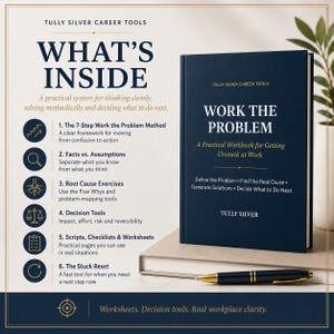 May include: A dark blue workbook titled Work the Problem by Tully Silver, featuring a list of six career tools including the 7-Step Work the Problem Method, Facts vs. Assumptions, Root Cause Exercises, Decision Tools, Scripts, and The Stuck Reset.