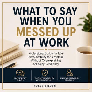 Puede incluir: Imagen de la portada de un libro con el título "WHAT TO SAY WHEN YOU MESSED UP AT WORK" en letras azul marino y dorado. La portada también incluye el nombre del autor, Tully Silver, e iconos.