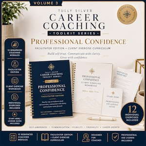 Peut inclure: Un kit d'outils de coaching de carrière intitulé Professional Confidence, Volume 3, comprenant un carnet à spirales bleu foncé pour l'édition facilitateur, un cahier d'exercices crème, un guide de licence et des feuilles d'exercices avec un stylo doré.