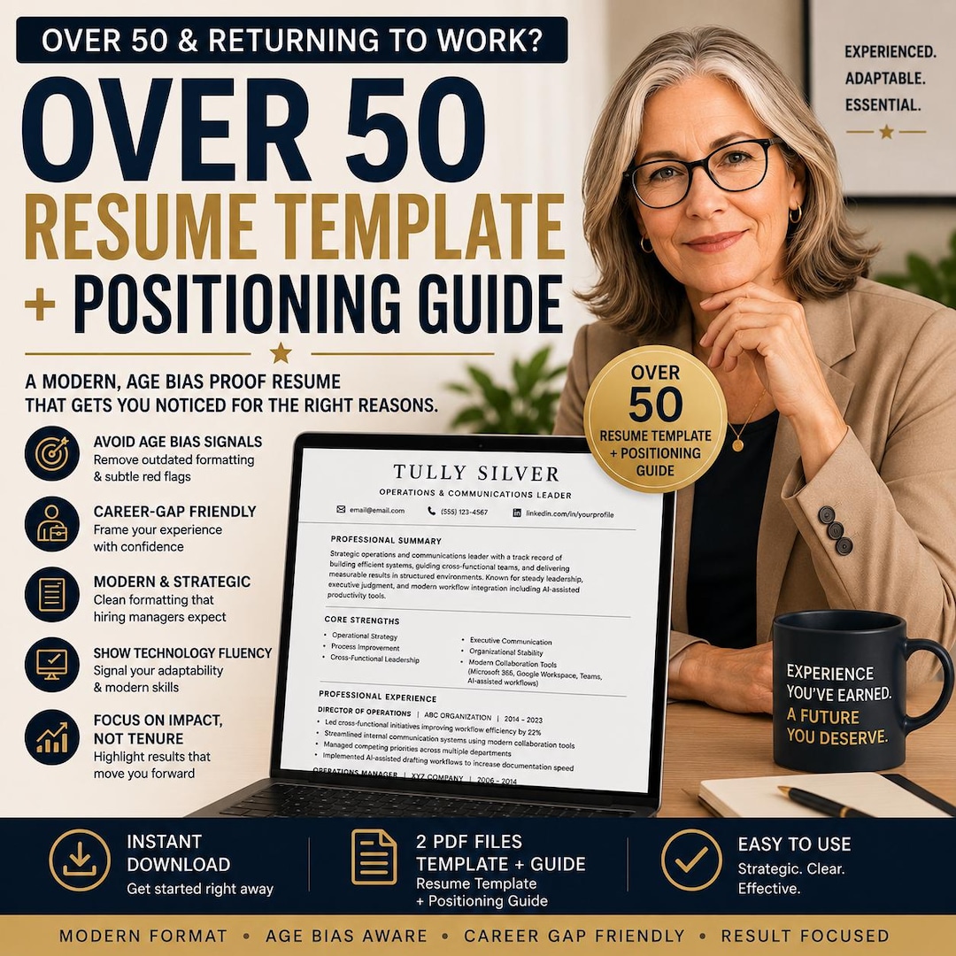 Age Inresue Over 50 Resume Template + Positioning Guide | Modern Age Bias Aware ...