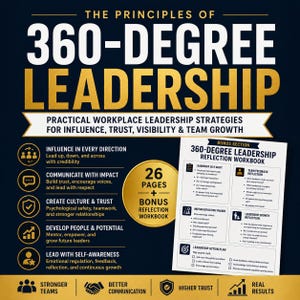 Può includere: Grafica blu navy con testo dorato che annuncia "I principi della leadership a 360 gradi". Promuove strategie pratiche di leadership sul posto di lavoro e presenta un quaderno di lavoro di 26 pagine con una sezione di riflessione bonus.