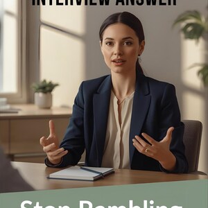 May include: A woman in a navy blue blazer and cream blouse gestures while speaking. The image includes text that reads "TELL ME ABOUT YOURSELF INTERVIEW ANSWER" and "Stop Rambling. Start Confident."