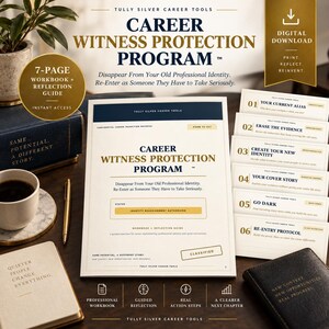 May include: A 7-page digital workbook titled Career Witness Protection Program by Tully Silver Career Tools. The document features sections on identity reassignment, cover stories, and re-entry protocols, presented with a professional layout.