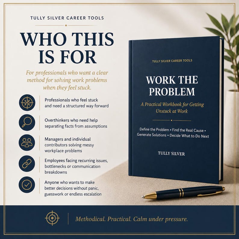 May include: A dark blue hardback book titled WORK THE PROBLEM: A Practical Workbook for Getting Unstuck at Work by Tully Silver, accompanied by a matching dark blue and gold pen. The text lists target audiences and problem-solving methods.