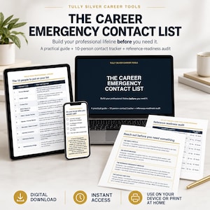 Op de afbeelding: Een digitale toolkit voor een professionele noodcontactenlijst met een laptop, tablet en smartphone die professionele sjablonen, contacttrackers en referentie-audits weergeven met gouden en marineblauwe accenten.