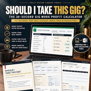May include: A digital gig work profit calculator displayed on a laptop screen, accompanied by three printed documents titled Should I Take This Gig. The interface shows offer details, calculated results, and fields for mileage and vehicle costs.