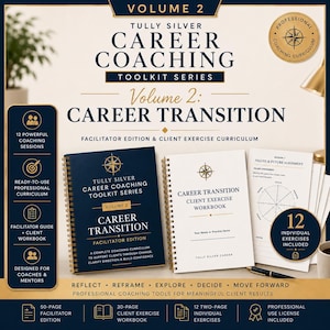 May include: A career coaching toolkit series, Volume 2: Career Transition, featuring a dark blue facilitator edition spiral notebook and a white client exercise workbook. Includes 12 coaching sessions, a facilitator guide, and 12 individual exercises.