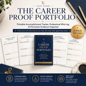 May include: A 4-page printable career portfolio set featuring a dark blue cover with gold text, accompanied by four white worksheets titled Weekly Career Wins Log, Feedback + Recognition Tracker, Leadership + Impact Evidence, and Career Story Builder.