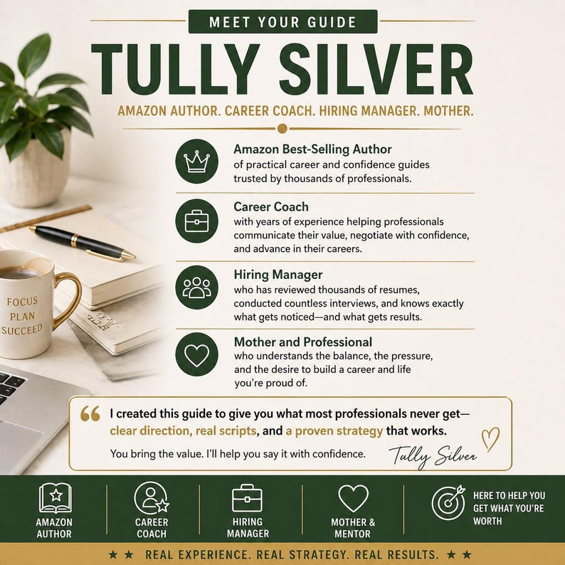 May include: A professional profile graphic for Tully Silver, an Amazon best-selling author, career coach, hiring manager, and mother. The text includes professional credentials, a personal quote, and icons representing her roles, set against a clean background.