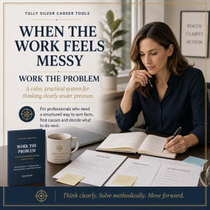 May include: A navy blue workbook titled Work The Problem by Tully Silver Career Tools, accompanied by a white mug with a compass logo, an open notebook, and printed problem-solving worksheets with yellow sticky notes on a dark desk surface.