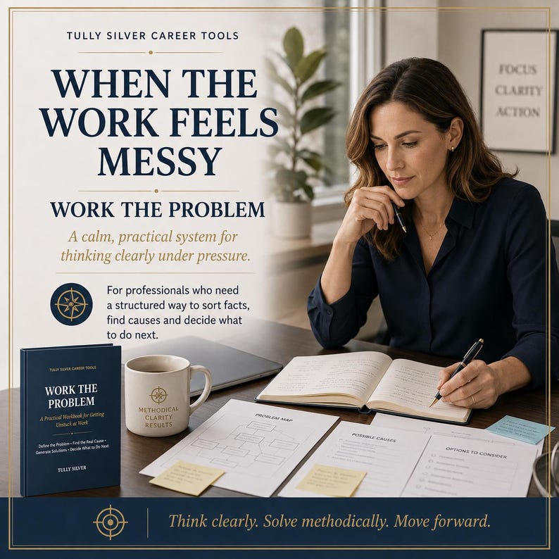 May include: A navy blue workbook titled Work The Problem by Tully Silver Career Tools, accompanied by a white mug with a compass logo, an open notebook, and printed problem-solving worksheets with yellow sticky notes on a dark desk surface.