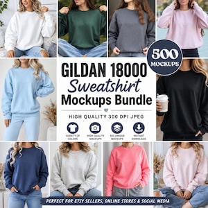 May include: A digital bundle of Gildan 18000 sweatshirt mockups featuring various solid colors including white, green, charcoal, pink, light blue, black, navy, grey, and coral. The central text reads GILDAN 18000 Sweatshirt Mockups Bundle.