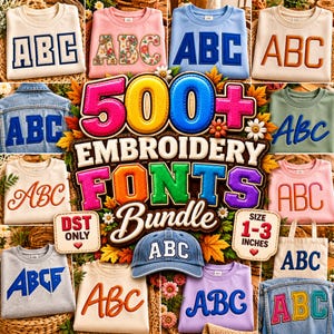 May include: A digital advertisement for a 500+ embroidery fonts bundle featuring various apparel items like sweatshirts, denim jackets, and a baseball cap, all displaying the letters ABC in different fonts, colors, and embroidery styles.
