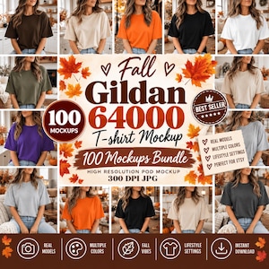 Peut inclure: Un graphique marketing numérique pour un lot de maquettes de t-shirts Gildan 64000 avec le texte Fall Gildan 64000 T-shirt Mockup 100 Mockups Bundle, entouré de feuilles d'érable d'automne orange et rouges et divers échantillons de couleurs.