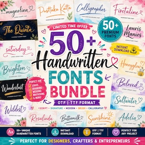 May include: A digital promotional graphic for a 50+ handwritten fonts bundle. The central text reads 50+ Handwritten FONTS BUNDLE in large purple, black, and teal lettering. It features various font samples like Magnolina, The Quinta, and Adelia.