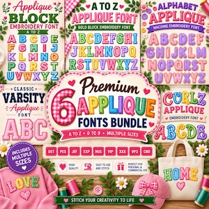 6 Classic Applique Fonts Bundle, Machine Embroidery Applique Letters, Monogram Script Fonts