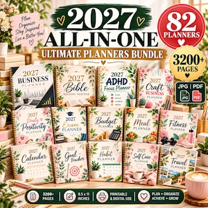 May include: A 2027 all-in-one ultimate planners bundle featuring 82 planners and 3200+ pages. The collection includes various spiral-bound planners for business, Bible reading, ADHD focus, crafts, daily positivity, exams, budget, meals, fitness, calendars, goals, habits, self-care, and travel, all in 8.5 x 11 inches.