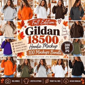 100 höst Gildan 18500 Hoodie Mockup Bundle, Stylade Moderna Modellpullover Mockups
