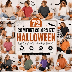 May include: A digital marketing graphic for a 72 Comfort Colors 1717 Halloween styled model mockup bundle. The central text reads 72 COMFORT COLORS 1717 HALLOWEEN, surrounded by icons of a t-shirt, pumpkin, camera, and download arrow, with photos of models.