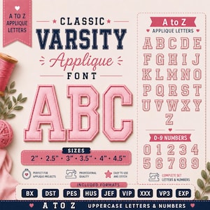 May include: A digital display of a classic varsity applique font featuring pink letters A through Z and numbers 0 through 9 with dark blue outlines. The image includes text labels for sizes ranging from 2 to 4.5 inches and various file formats.