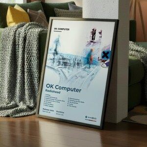 May include: A framed poster with the text "OK Computer" leans against a green sofa in a living room. The poster features abstract blue and white artwork. The room has a modern design with a wooden floor and large windows.