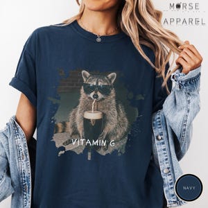 Funny Raccoon Drinking Beer Vitamin G T-Shirt, Comfort Colors® Guinness Tee, Pub Party Shirt, Unisex Trendy Meme Graphic Top Navy