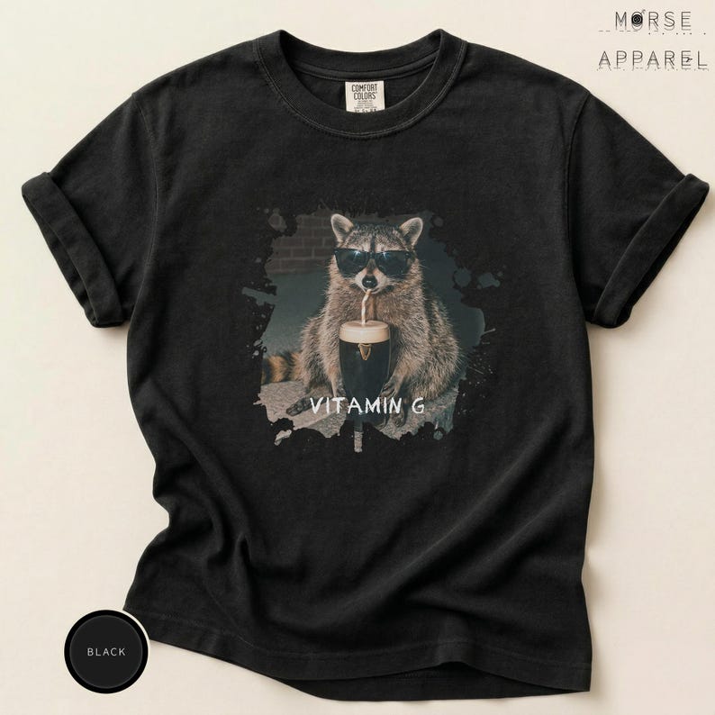 Funny Raccoon Drinking Beer Vitamin G T-Shirt, Comfort Colors® Guinness Tee, Pub Party Shirt, Unisex Trendy Meme Graphic Top Black
