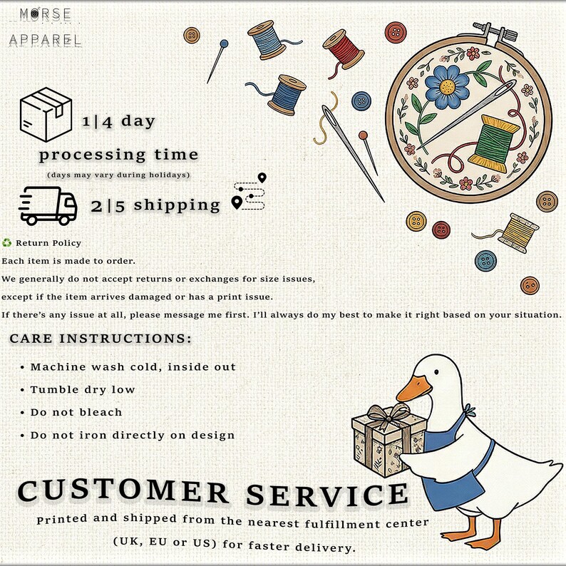 Puede incluir: Un gr&aacute;fico informativo con el texto MORSE APPAREL, CARE INSTRUCTIONS y CUSTOMER SERVICE. Las ilustraciones incluyen art&iacute;culos de costura como carretes de hilo, botones, agujas, un bastidor de bordado con una flor y un pato blanco sosteniendo un regalo.