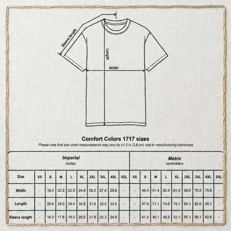 Puede incluir: Un dibujo lineal en blanco y negro de una camiseta con flechas que indican el largo de la manga, el largo del cuerpo y el ancho. Debajo del diagrama hay una tabla de tallas Comfort Colors 1717 con medidas en pulgadas y cent&iacute;metros de XS a 5XL.