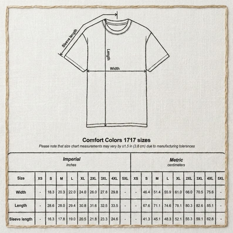 Puede incluir: Un diagrama de una camiseta con medidas de ancho, largo y largo de manga. La tabla incluye medidas de tallas en pulgadas y cent&iacute;metros para tallas Comfort Colors 1717, que van desde XS hasta 5XL.