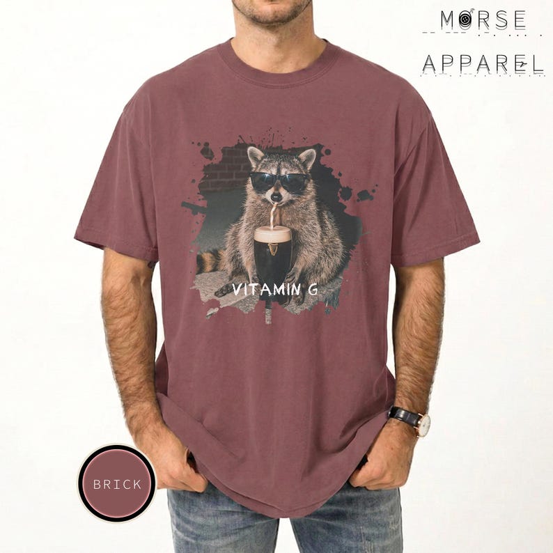 Funny Raccoon Drinking Beer Vitamin G T-Shirt, Comfort Colors® Guinness Tee, Pub Party Shirt, Unisex Trendy Meme Graphic Top Brick