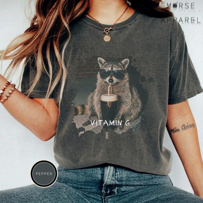 Funny Raccoon Drinking Beer Vitamin G T-Shirt, Comfort Colors® Guinness Tee, Pub Party Shirt, Unisex Trendy Meme Graphic Top Pepper