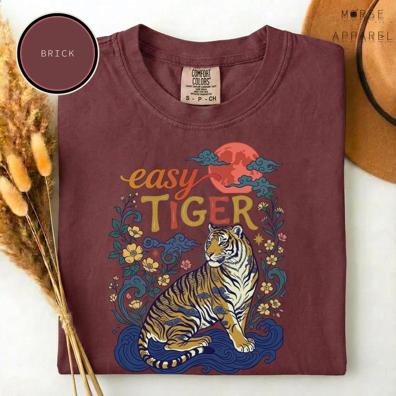 Camiseta Retro Easy Tiger, Camisa Vintage Boho Comfort Colors®, Camisa Wildcat estilo Linocut, Camisa Cottagecore, Camisetas Cool para mujer Brick