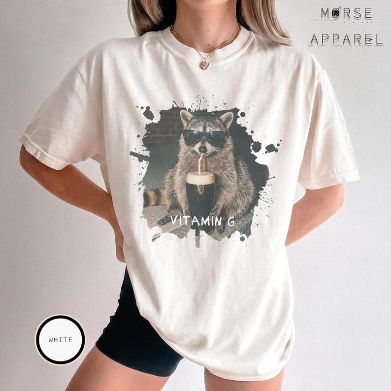 Funny Raccoon Drinking Beer Vitamin G T-Shirt, Comfort Colors® Guinness Tee, Pub Party Shirt, Unisex Trendy Meme Graphic Top White