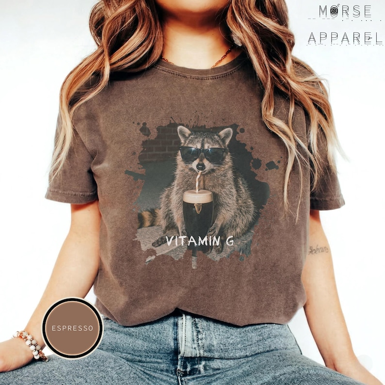 Funny Raccoon Drinking Beer Vitamin G T-Shirt, Comfort Colors® Guinness Tee, Pub Party Shirt, Unisex Trendy Meme Graphic Top Espresso