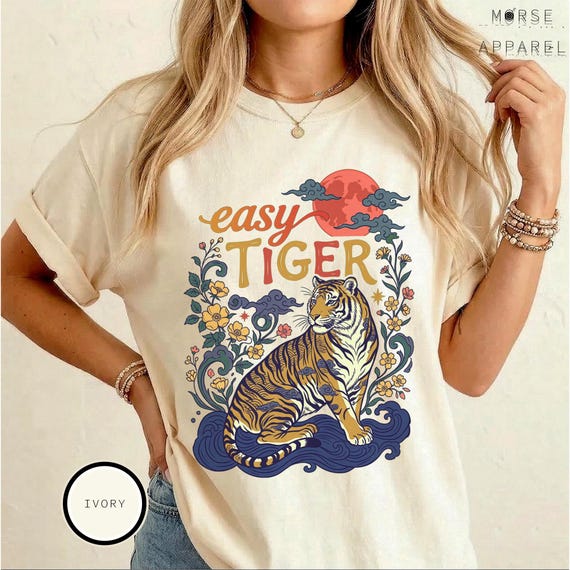 Retro Easy Tiger T-Shirt, Comfort Colors® Vintage Boho Shirt, Linocut Style Wildcat Shirt, Cottagecore Shirt, Cool Tees for Women