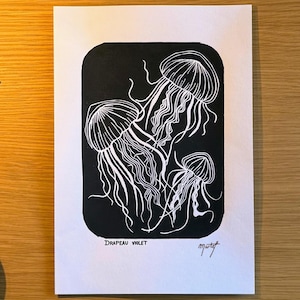 Linograbado original - Escena marina - Medusa - "Bandera Morada"