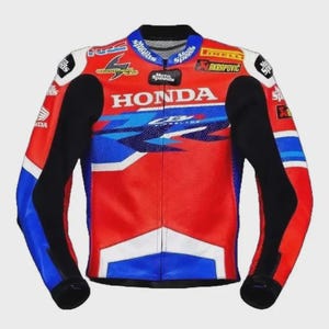 May include: A red, white, blue, and black motorcycle racing jacket with the Honda logo prominently displayed. The jacket features various sponsor logos and a streamlined design, typical of racing apparel.