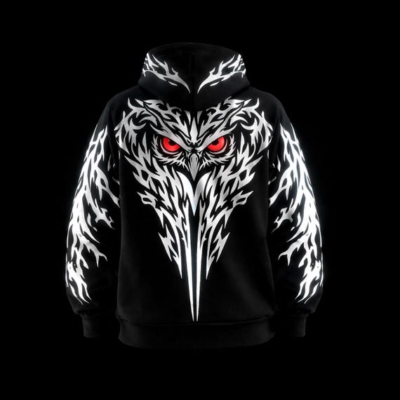 Track Tailored Reflective Motorcycle Hoodie, Oversized Owl Design Streetwear Hoodie for Night Riding Safety