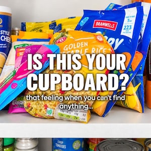 May include: A kitchen cupboard shelf filled with various food items including a blue container of Italian style grated cheese, a yellow bag of golden vegetable rice, and blue bags of Bramwells food products with the text IS THIS YOUR CUPBOARD?