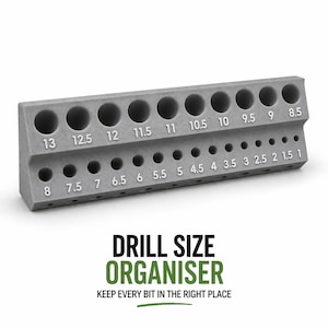 May include: A gray drill bit organizer with multiple holes of varying sizes, labeled from 1 to 13. The text "DRILL SIZE ORGANISER" is displayed below the organizer, with the tagline "KEEP EVERY BIT IN THE RIGHT PLACE."