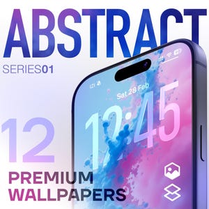 Puede incluir: Una pantalla de smartphone muestra la palabra "ABSTRACT" en azul, con "SERIES01" debajo. La pantalla muestra "12:45" y la fecha "Sat 28 Feb". Debajo, se lee "12 PREMIUM WALLPAPERS". La imagen incluye "4K+ ULTRA" y "DEPTH EFFECT READY".