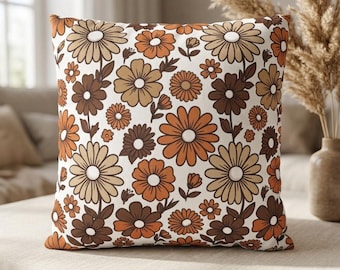 Chocolate Daisy Faux Suede Cushion Cover/ Brown '70s Scandi Floral Square Pillowcase/ Retro Aesthetic Sofa Décor/ Housewarming gift for her