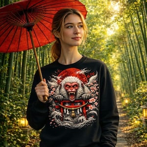 May include: Black sweatshirt featuring a Japanese snow monkey design. The graphic includes a red sun, cherry blossoms, and a traditional torii gate. The monkey has an open mouth and appears to be roaring. The sweatshirt is worn with a red parasol.