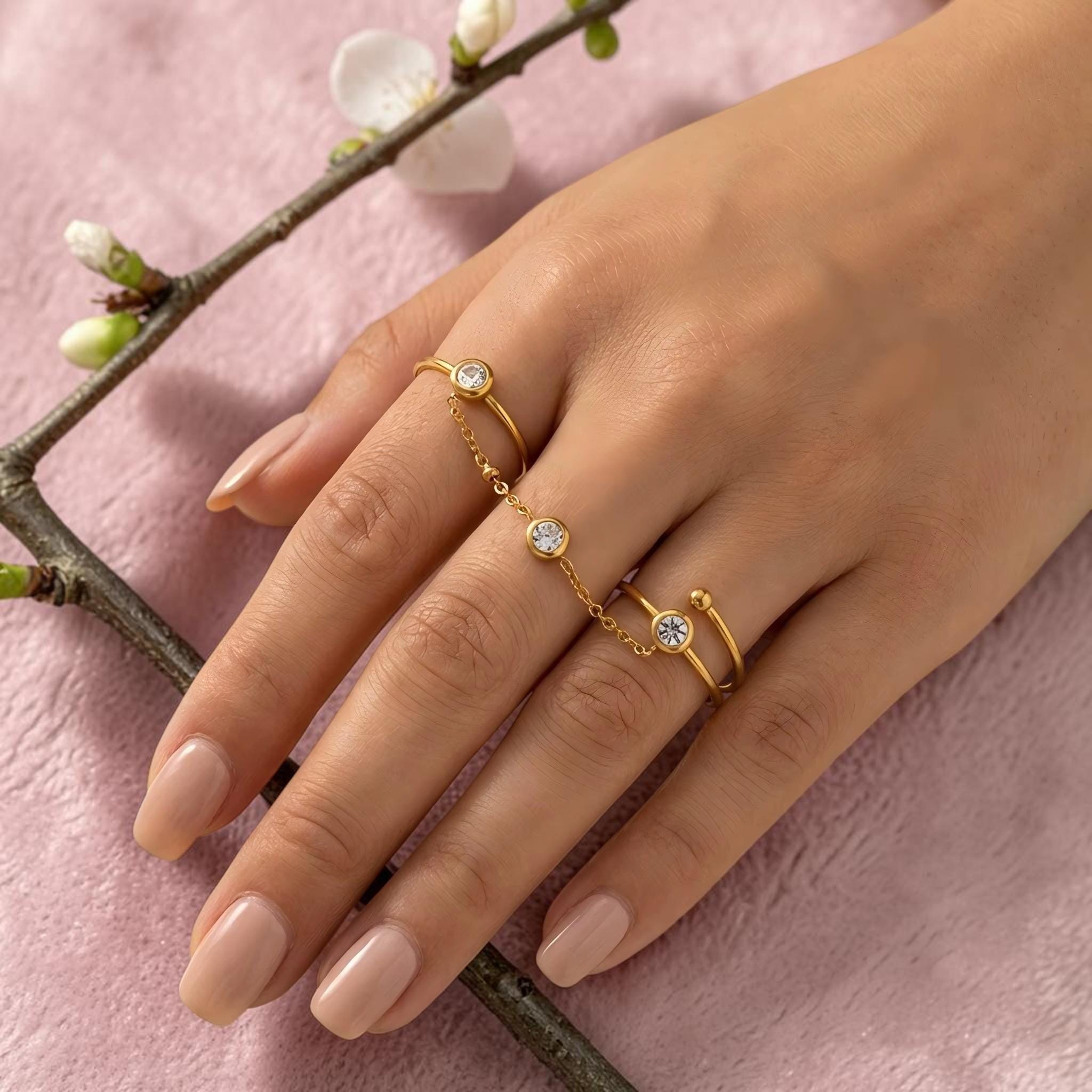 14K Gold Double Finger Chain Ring, Connected Minimalist Statement ...