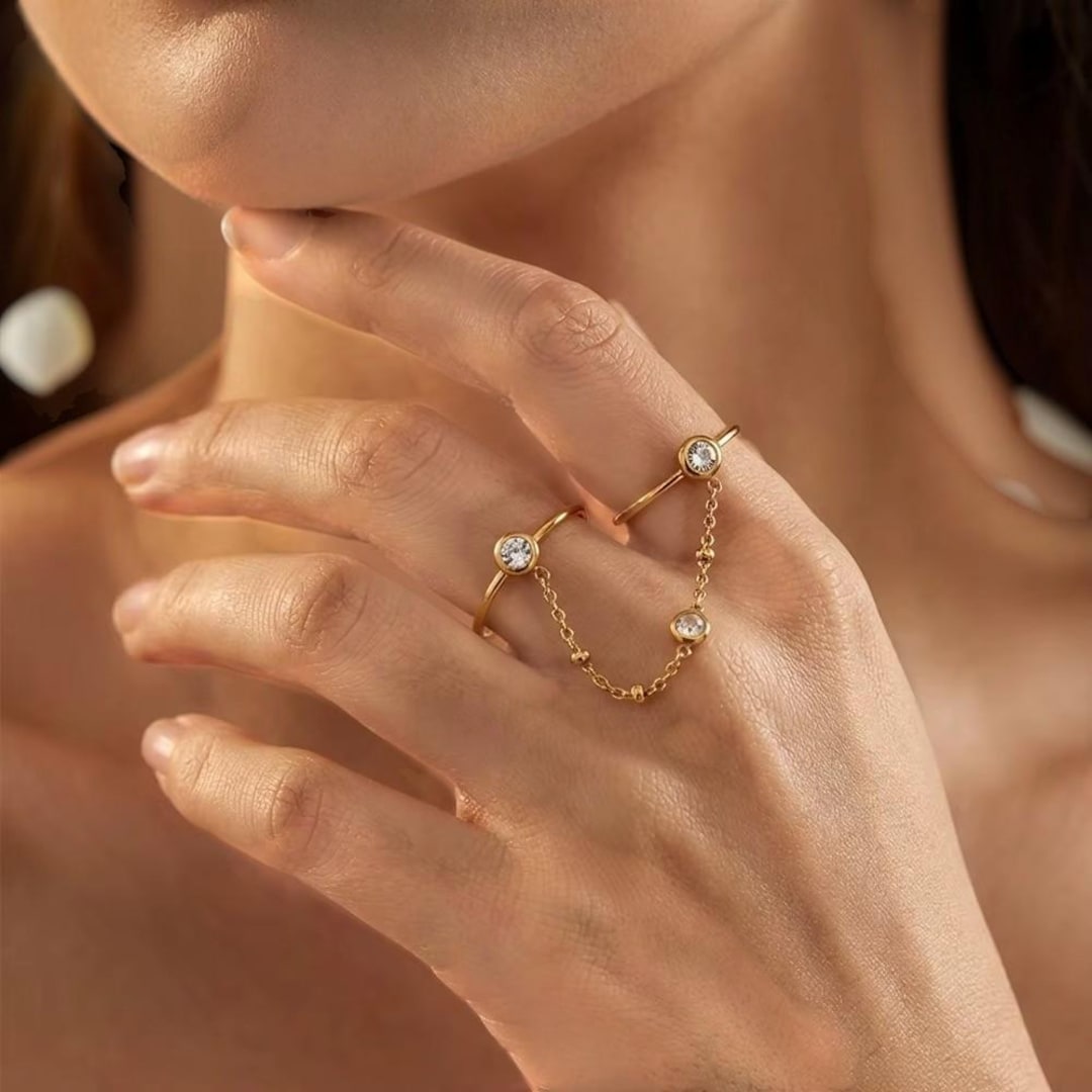 14K Gold Double Finger Chain Ring, Connected Minimalist Statement ...