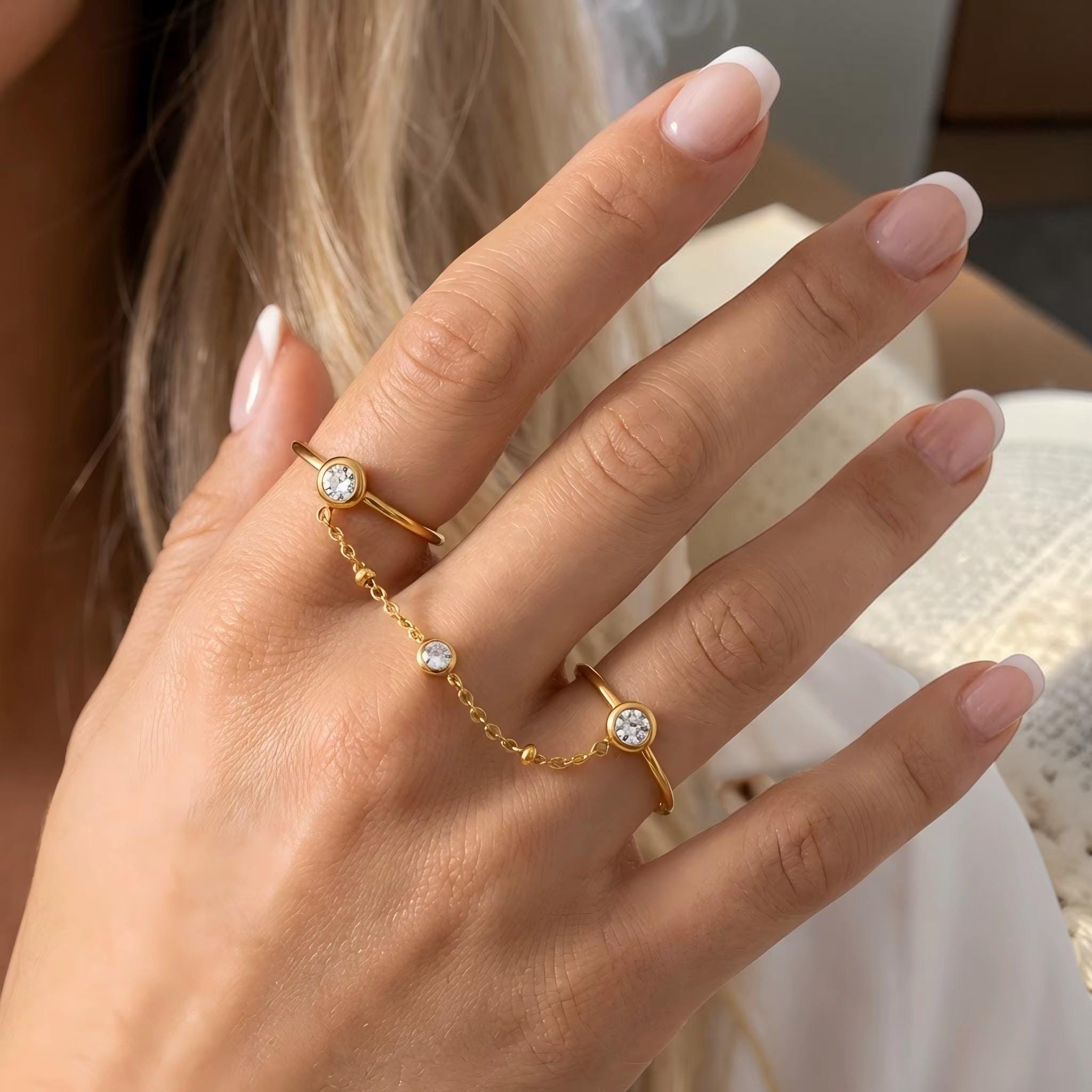 14K Gold Double Finger Chain Ring, Connected Minimalist Statement ...
